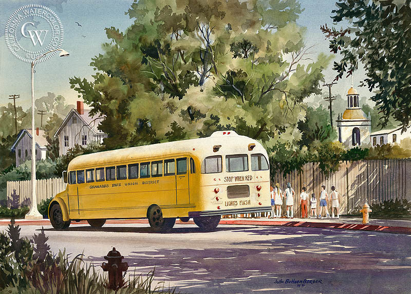School Days, watercolor painting by John Bohnenberger  (American art). Fine art giclée print reproduction by California Watercolor for wall decor.