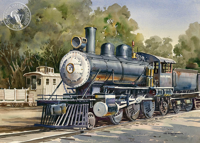 Steel Locomotive, Griffith Park, L.A., watercolor painting by John Bohnenberger  (American art). Fine art giclée print reproduction by California Watercolor for wall decor.