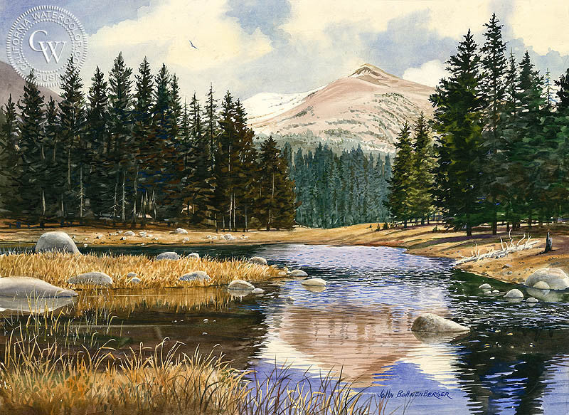 Stepping Stones, watercolor painting by John Bohnenberger  (American art). Fine art giclée print reproduction by California Watercolor for wall decor.