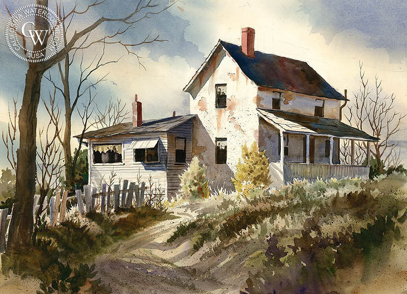 Tattered Curtains, watercolor painting by John Bohnenberger  (American art). Fine art giclée print reproduction by California Watercolor for wall decor.
