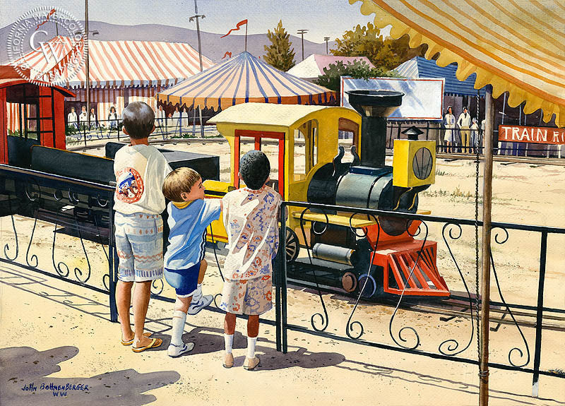 The Choo Choo Train, Griffith Park, L.A., watercolor painting by John Bohnenberger  (American art). Fine art giclée print reproduction by California Watercolor for wall decor.