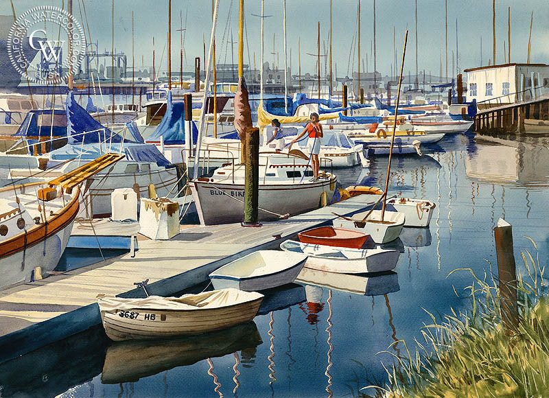 The Marina, watercolor painting by John Bohnenberger  (American art). Fine art giclée print reproduction by California Watercolor for wall decor.