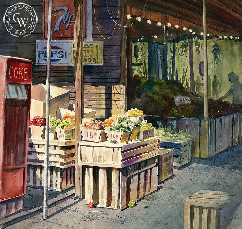 The Produce Mart, watercolor painting by John Bohnenberger  (American art). Fine art giclée print reproduction by California Watercolor for wall decor.