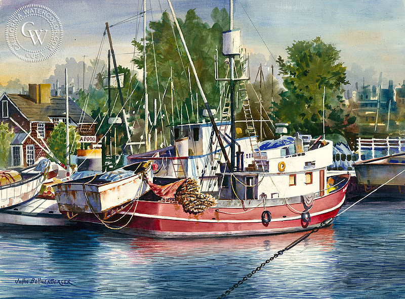 The Red Boat, watercolor painting by John Bohnenberger  (American art). Fine art giclée print reproduction by California Watercolor for wall decor.