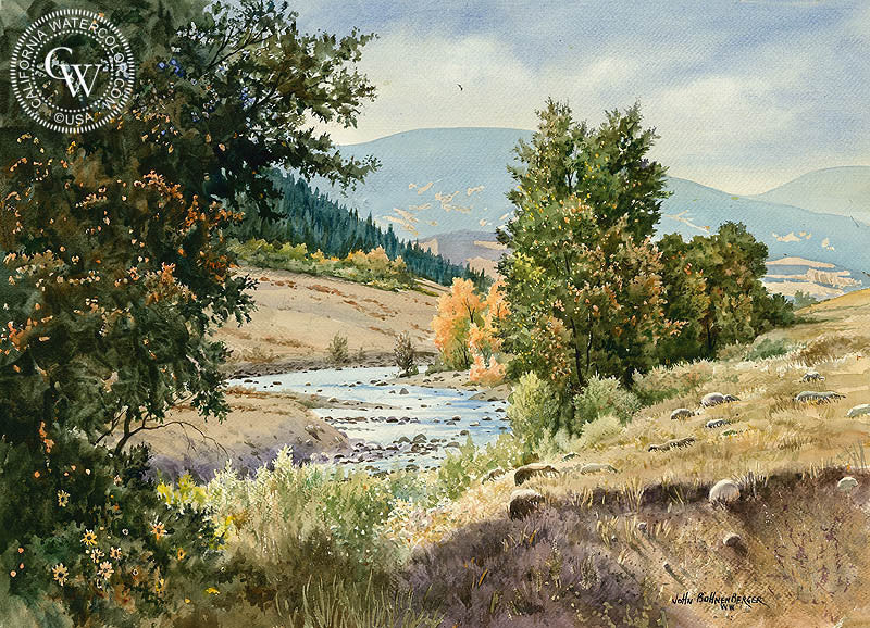The Valley, watercolor painting by John Bohnenberger  (American art). Fine art giclée print reproduction by California Watercolor for wall decor.