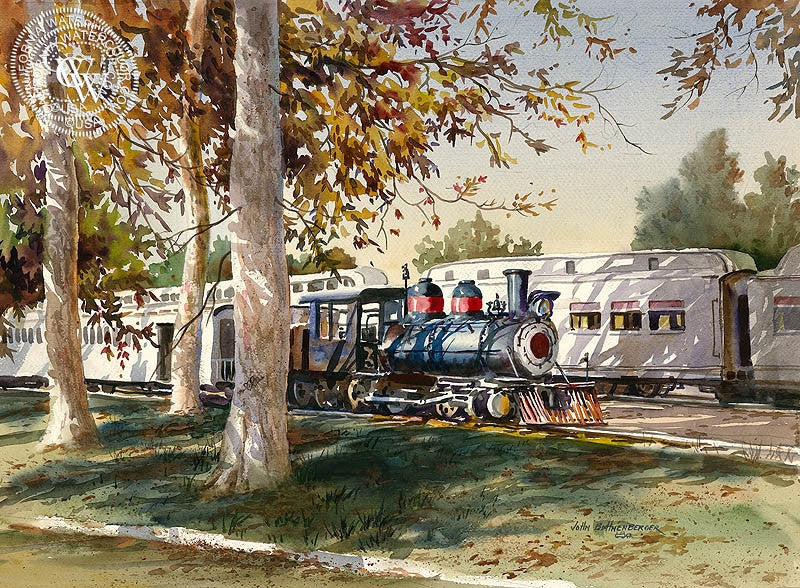 Travel Town, Griffith Park, watercolor painting by John Bohnenberger  (American art). Fine art giclée print reproduction by California Watercolor for wall decor.