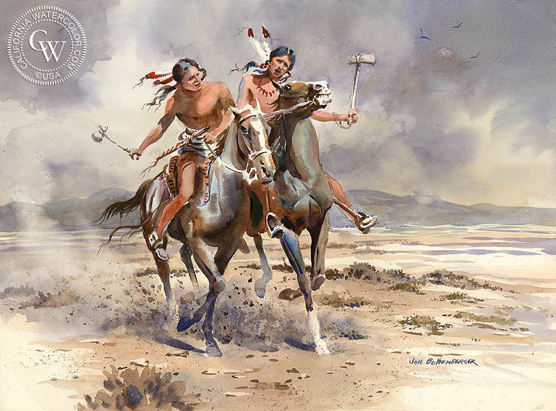 Warriors, watercolor painting by John Bohnenberger  (American art). Fine art giclée print reproduction by California Watercolor for wall decor.