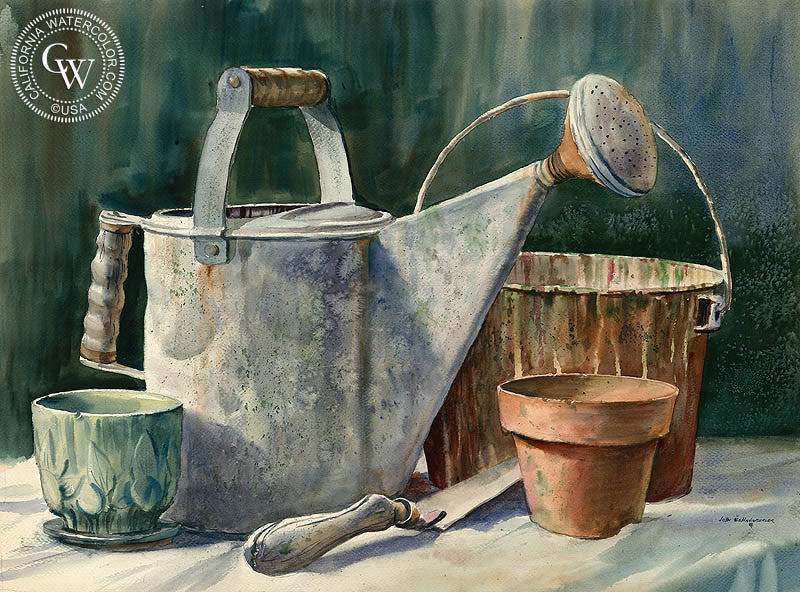 Watering Can, watercolor painting by John Bohnenberger  (American art). Fine art giclée print reproduction by California Watercolor for wall decor.