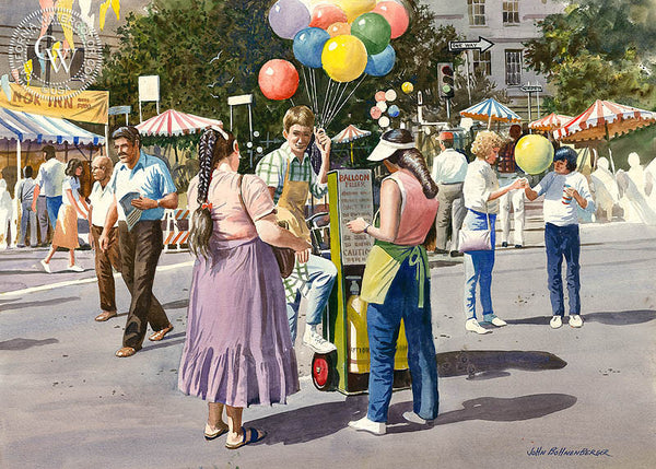 Balloon Vendor, California art by John Bohnenberger. HD giclee art prints for sale at CaliforniaWatercolor.com - original California paintings, & premium giclee prints for sale