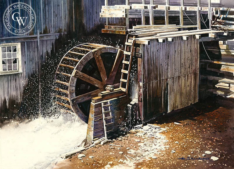 Water Wheel, watercolor painting by John Bohnenberger  (American art). Fine art giclée print reproduction by California Watercolor for wall decor.