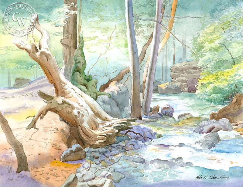 Peaceful River, watercolor painting by John Norman Stewart  (American art). Fine art giclée print reproduction by California Watercolor for wall decor.