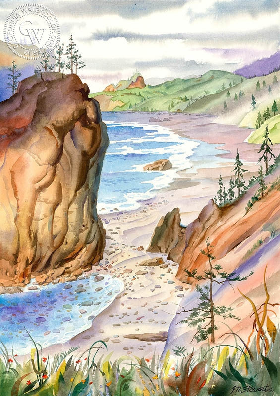 Oregon Coast 4, watercolor painting by John Norman Stewart  (American art). Fine art giclée print reproduction by California Watercolor for wall decor.