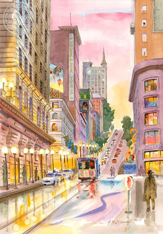 Powell Street, San Francisco, watercolor painting by John Norman Stewart  (American art). Fine art giclée print reproduction by California Watercolor for wall decor.