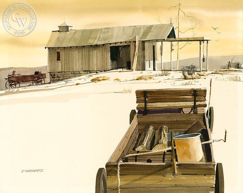 Wagon at White Sands, watercolor painting by John Norman Stewart  (American art). Fine art giclée print reproduction by California Watercolor for wall decor.
