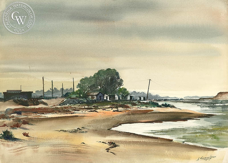 Cabins by the Lake, 1955, watercolor painting by Joseph Knowles  (American art). Fine art giclée print reproduction by California Watercolor for wall decor.