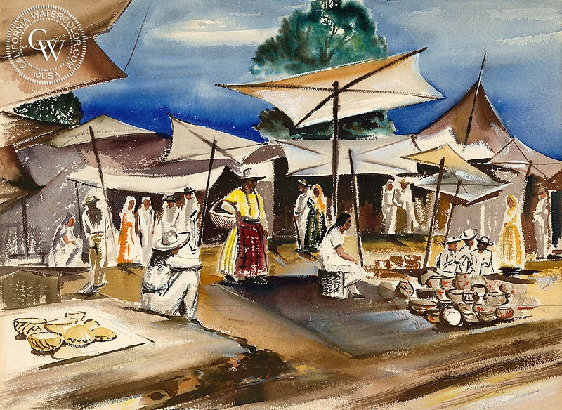 Mexican Market, 1956, watercolor painting by Joseph Knowles  (American art). Fine art giclée print reproduction by California Watercolor for wall decor.