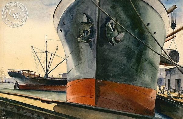 Stevedores, c. 1940's, California art by Joseph Knowles. HD giclee art prints for sale at CaliforniaWatercolor.com - original California paintings, & premium giclee prints for sale
