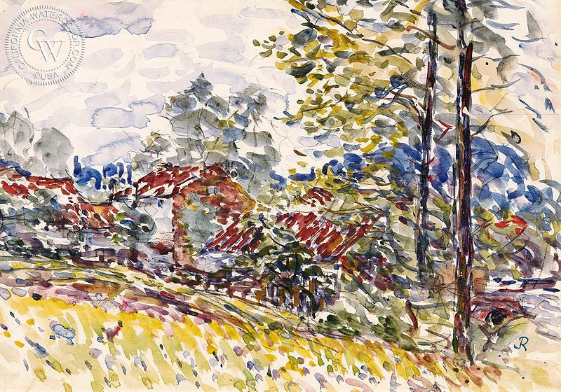 Landscape, c. 1920s, watercolor painting by Joseph Raphael  (American art). Fine art giclée print reproduction by California Watercolor for wall decor.