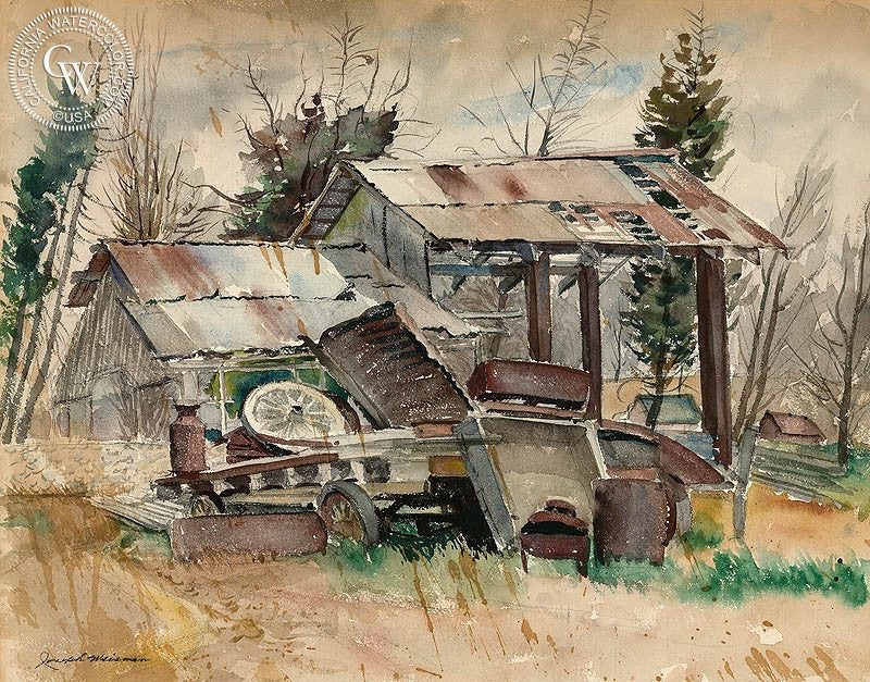 Junkyard, watercolor painting by Joseph Weisman  (American art). Fine art giclée print reproduction by California Watercolor for wall decor.
