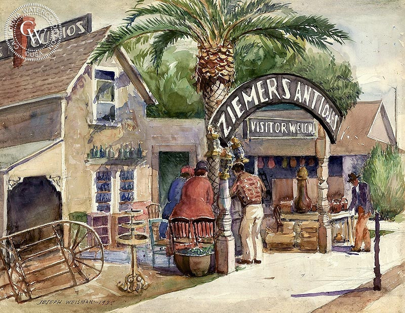 Ziemer's Antiques, 1935, watercolor painting by Joseph Weisman  (American art). Fine art giclée print reproduction by California Watercolor for wall decor.