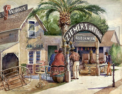 Ziemer's Antiques, 1935, California art by Joseph Weisman. HD giclee art prints for sale at CaliforniaWatercolor.com - original California paintings, & premium giclee prints for sale