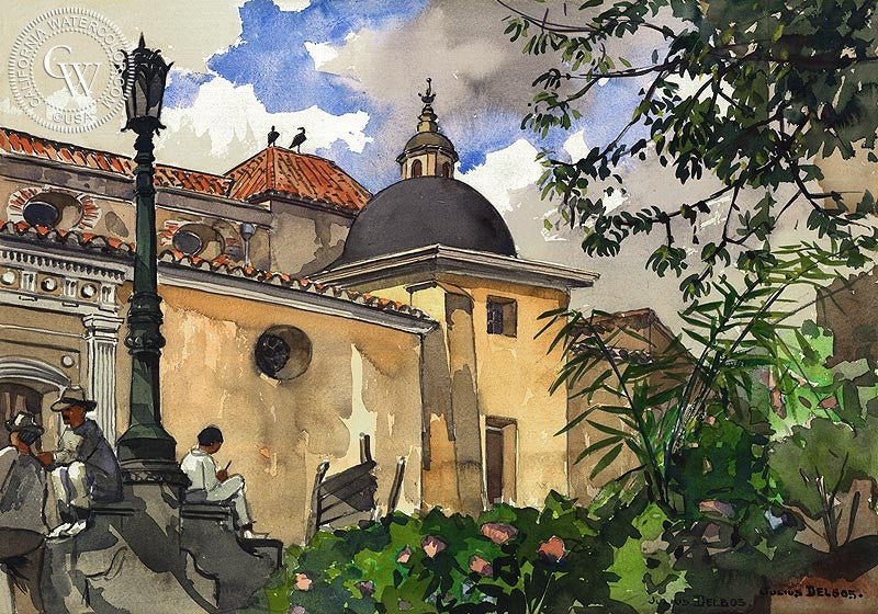Church in Caracas, c. 1920s, watercolor painting by Julius Delbos  (American art). Fine art giclée print reproduction by California Watercolor for wall decor.