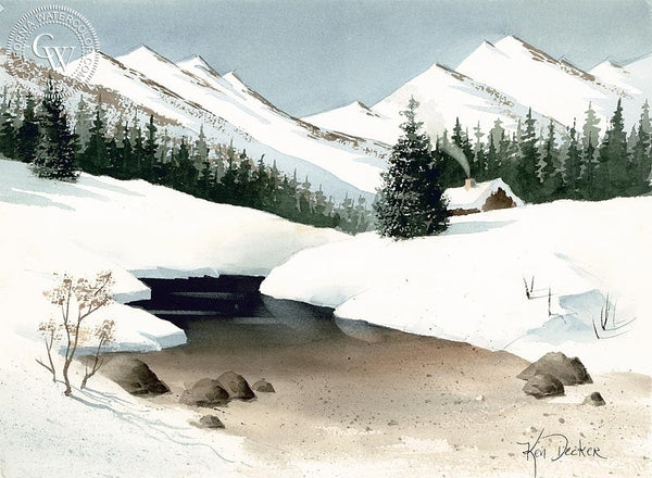 Cabin by the Creek, California art by Ken Decker. HD giclee art prints for sale at CaliforniaWatercolor.com - original California paintings, & premium giclee prints for sale