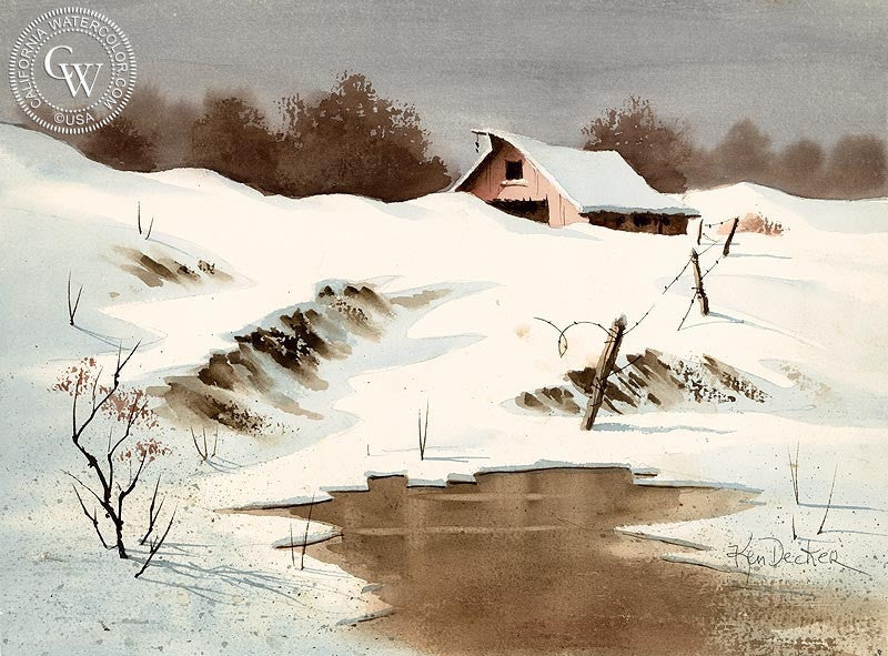 End of the Fence, watercolor painting by Ken Decker  (American art). Fine art giclée print reproduction by California Watercolor for wall decor.