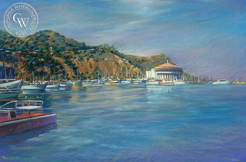 Avalon Casino, Catalina Island, watercolor painting by Ken Goldman  (American art). Fine art giclée print reproduction by California Watercolor for wall decor.