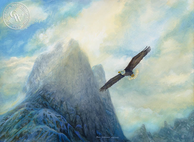 Bald Eagle, watercolor painting by Ken Goldman  (American art). Fine art giclée print reproduction by California Watercolor for wall decor.