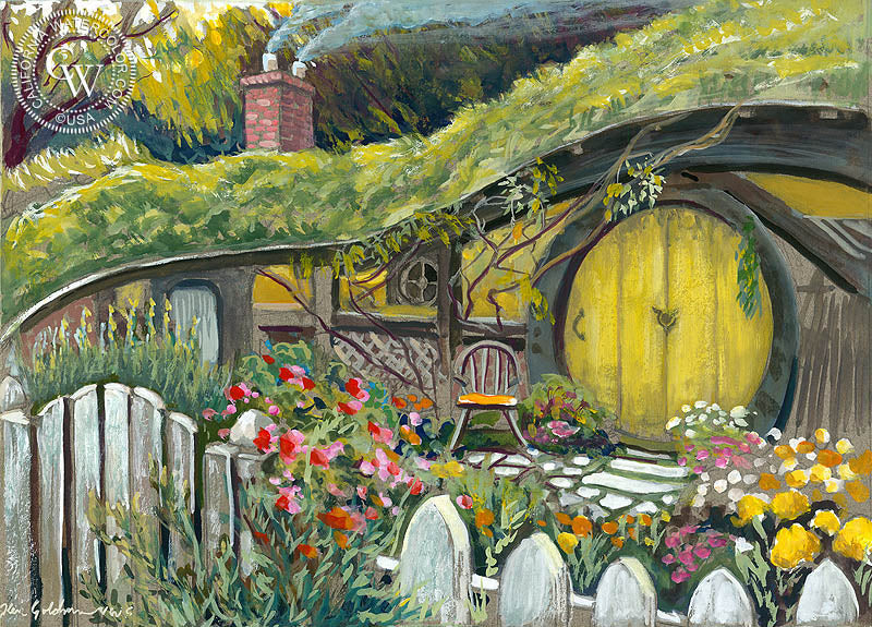 Bilbo Baggins Home in NZ, watercolor painting by Ken Goldman  (American art). Fine art giclée print reproduction by California Watercolor for wall decor.