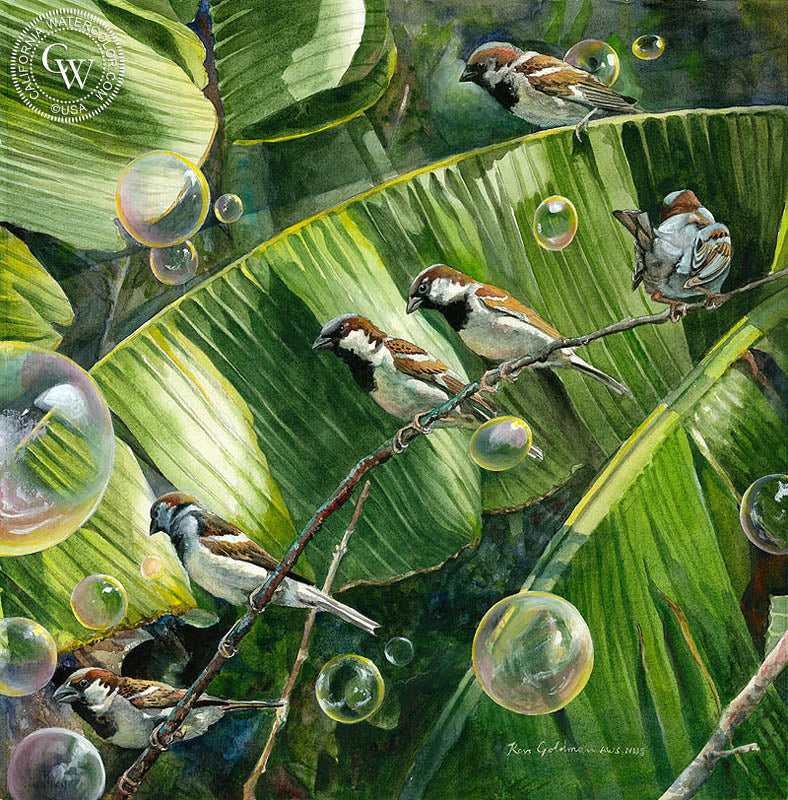 Bubble Birds, watercolor painting by Ken Goldman  (American art). Fine art giclée print reproduction by California Watercolor for wall decor.