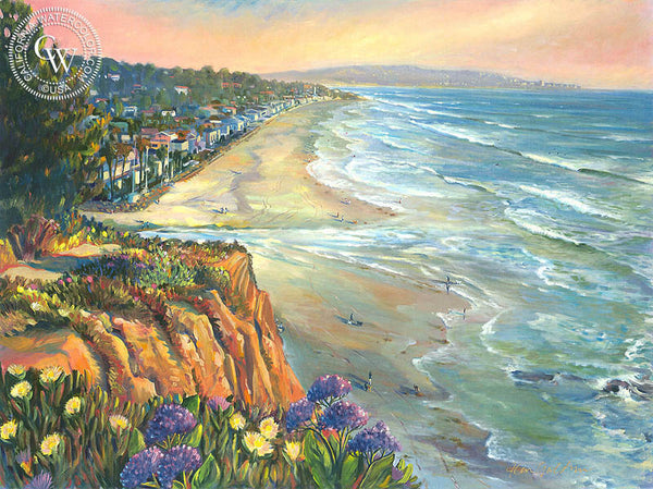 Del Mar Dog Beach, a California oil painting by Ken Goldman. HD giclee art prints for sale at CaliforniaWatercolor.com - original California paintings, & premium giclee prints for sale