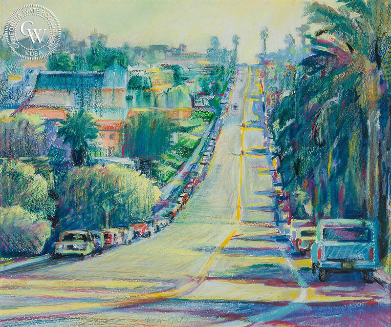 East on Orchard Street, watercolor painting by Ken Goldman  (American art). Fine art giclée print reproduction by California Watercolor for wall decor.