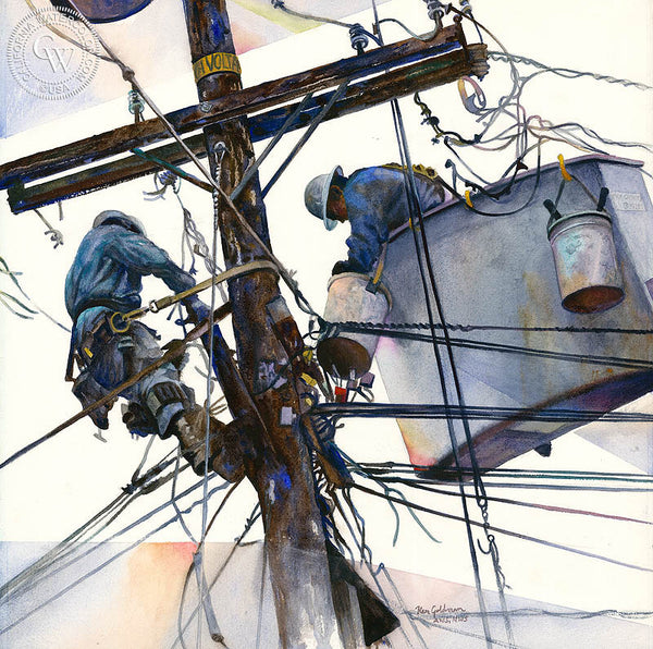 Line and Space #3, a California watercolor painting by Ken Goldman. Telephone poles, power lines, hard work. HD giclee art prints for sale at CaliforniaWatercolor.com - original California paintings, & premium giclee prints for sale