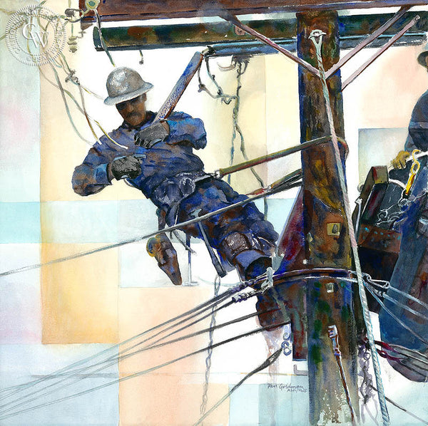 Lineman, a California watercolor painting by Ken Goldman. Telephone poles, power lines, hard work. HD giclee art prints for sale at CaliforniaWatercolor.com - original California paintings, & premium giclee prints for sale