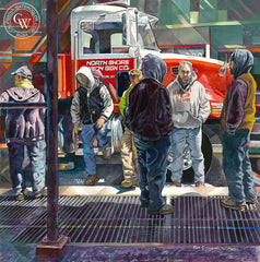 New York Construction Squad, a California watercolor painting by Ken Goldman. Telephone poles, power lines, hard work. HD giclee art prints for sale at CaliforniaWatercolor.com - original California paintings, & premium giclee prints for sale
