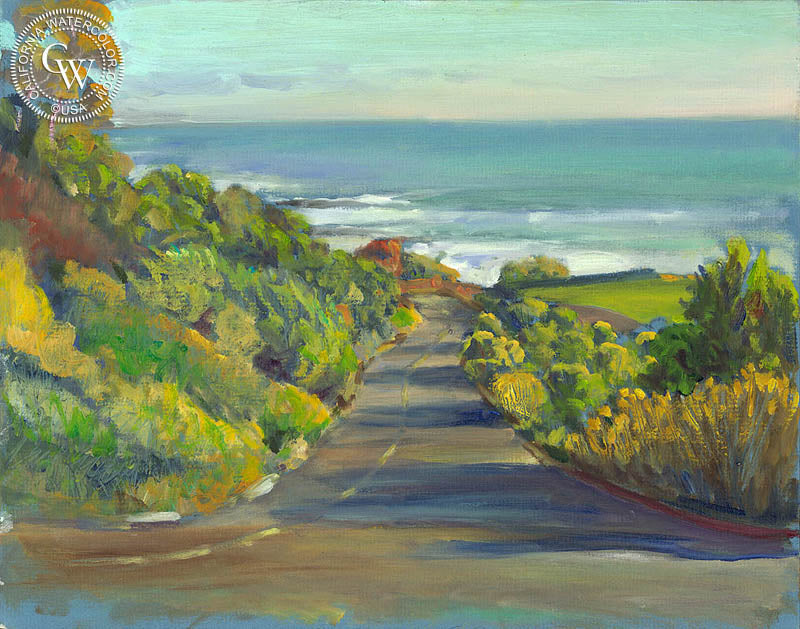Street to Sea, watercolor painting by Ken Goldman  (American art). Fine art giclée print reproduction by California Watercolor for wall decor.