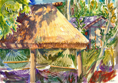 Tavarua Palapa, California watercolor art by Ken Goldman. HD giclee art prints for sale at CaliforniaWatercolor.com - original California paintings, & premium giclee prints for sale