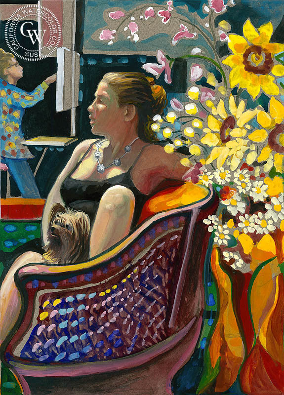 Live Model, Dog and Flowers in Stephanie's Class, watercolor painting by Ken Goldman  (American art). Fine art giclée print reproduction by California Watercolor for wall decor.