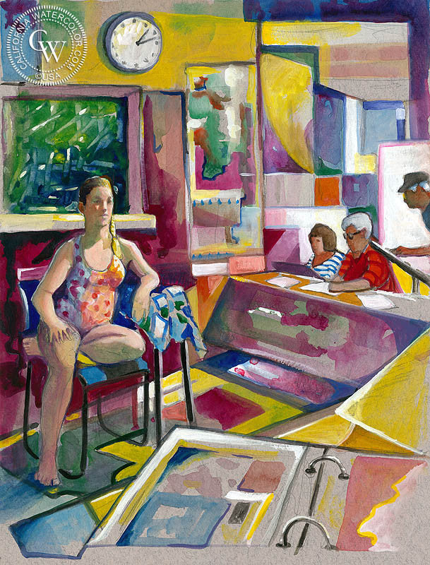 A sketch Group at the Library, watercolor painting by Ken Goldman  (American art). Fine art giclée print reproduction by California Watercolor for wall decor.
