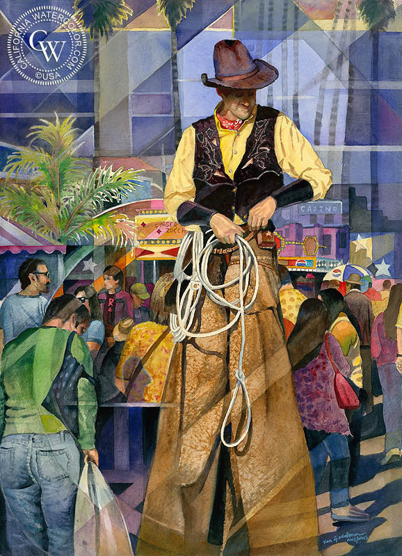 Cowboy on Stilts at the Del Mar Fair, watercolor painting by Ken Goldman  (American art). Fine art giclée print reproduction by California Watercolor for wall decor.
