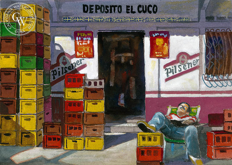 El Cuco, El Salvador, watercolor painting by Ken Goldman  (American art). Fine art giclée print reproduction by California Watercolor for wall decor.
