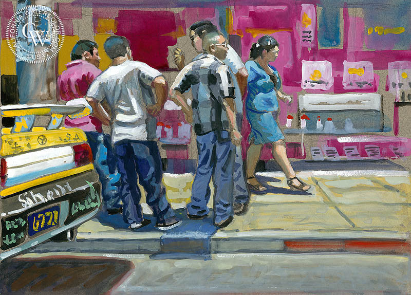 El Salvador Street Scene, watercolor painting by Ken Goldman  (American art). Fine art giclée print reproduction by California Watercolor for wall decor.