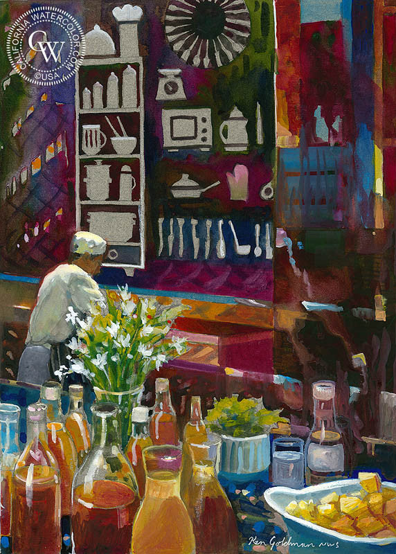Morning Preparations in AU, watercolor painting by Ken Goldman  (American art). Fine art giclée print reproduction by California Watercolor for wall decor.