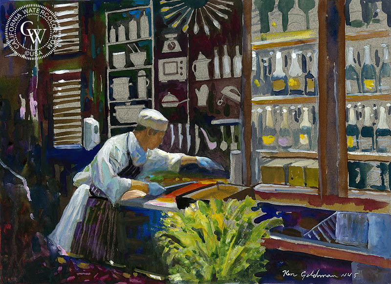 Morning Preparations in AU 2, watercolor painting by Ken Goldman  (American art). Fine art giclée print reproduction by California Watercolor for wall decor.