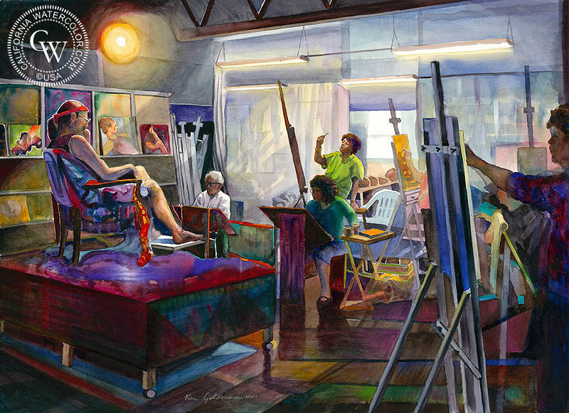My Figure Drawing Class, watercolor painting by Ken Goldman  (American art). Fine art giclée print reproduction by California Watercolor for wall decor.