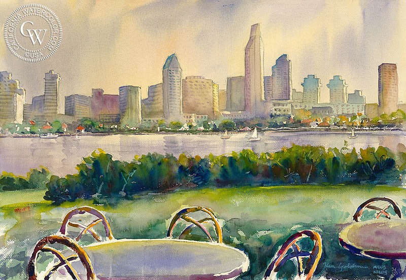 San Diego Skyline from Coronado, watercolor painting by Ken Goldman  (American art). Fine art giclée print reproduction by California Watercolor for wall decor.