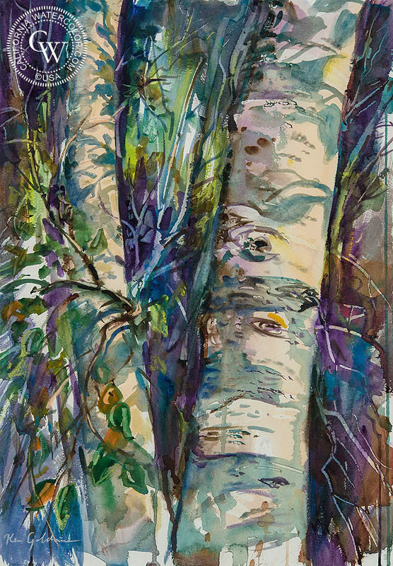 Sunlit Trunks, watercolor painting by Ken Goldman  (American art). Fine art giclée print reproduction by California Watercolor for wall decor.
