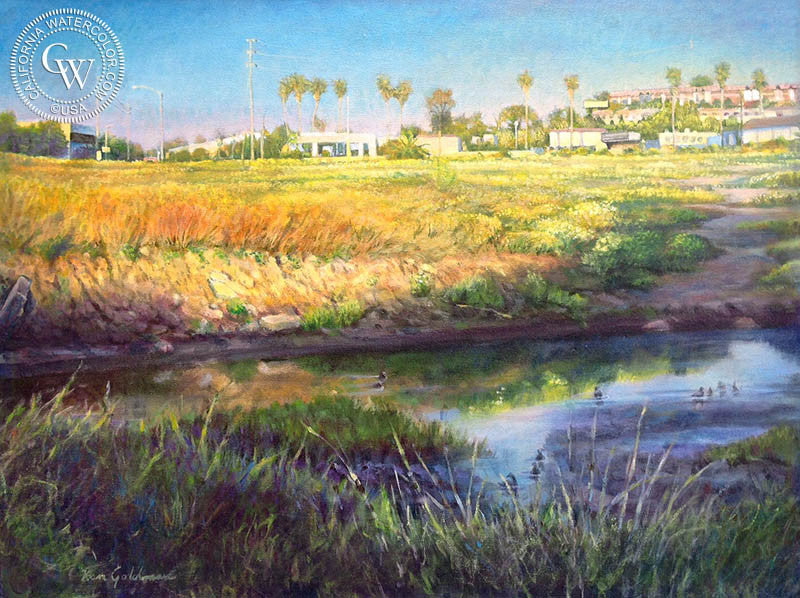 Famosa Slough Dusk, oil painting by Ken Goldman (American art). Original painting by California Watercolor for wall decor.